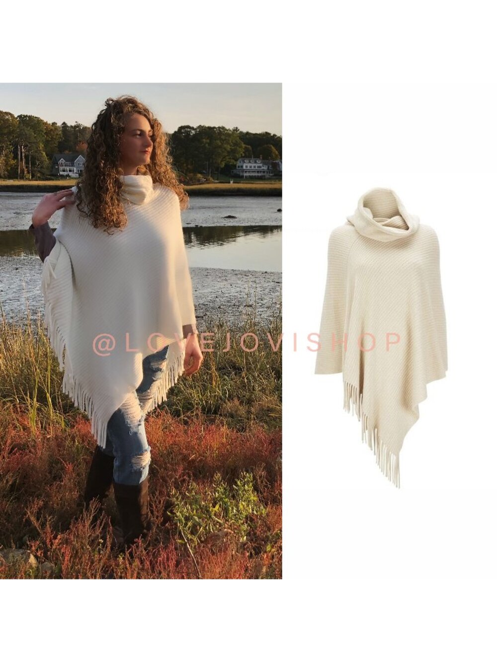 Cabincore | Nordstrom Cream Soft Ribbed Poncho w Fringe | One Size | Shawl Cape